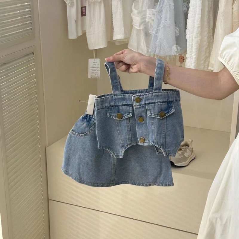 Koreai stílusú gyerekeknek készült szoknyás garnitúra, két részes denim készlet, 3–8 éveseknek