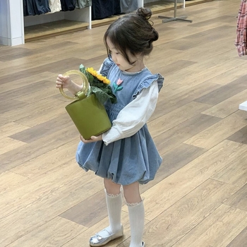 Dječja čipkasta bluza + denim suknja u lampion stilu, princes stil, pamukova smjesa, mekana tkanina, proljeće, uzrast 3–8 godina