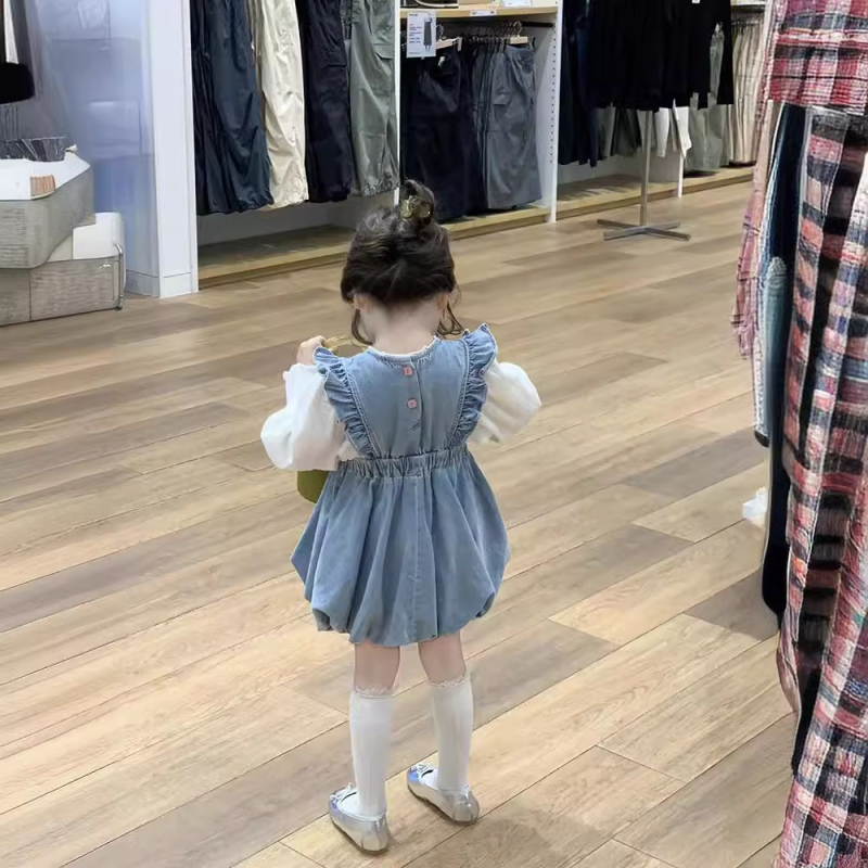 Dječja čipkasta bluza + denim suknja u lampion stilu, princes stil, pamukova smjesa, mekana tkanina, proljeće, uzrast 3–8 godina