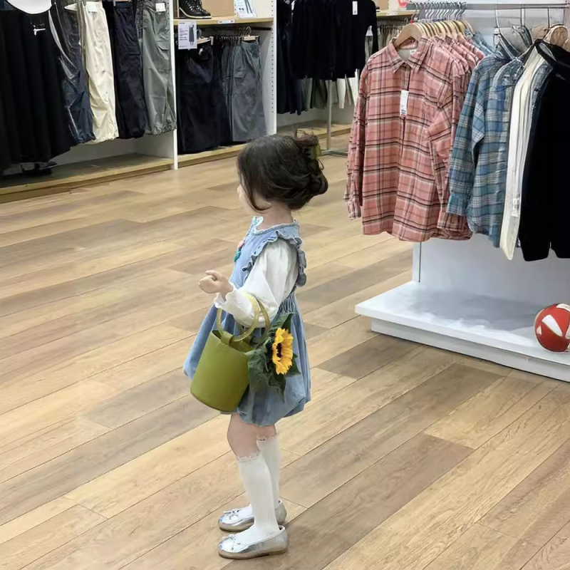 Dječja čipkasta bluza + denim suknja u lampion stilu, princes stil, pamukova smjesa, mekana tkanina, proljeće, uzrast 3–8 godina
