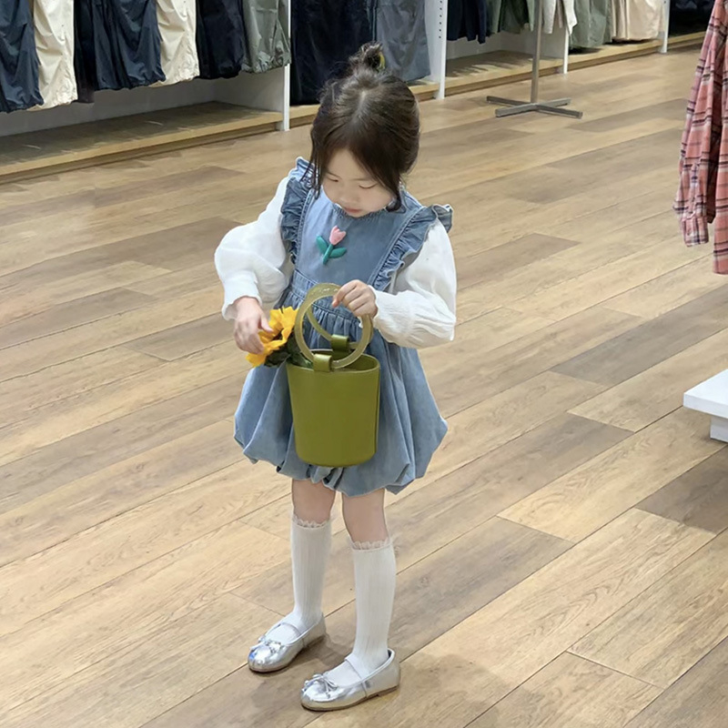 Dječja čipkasta bluza + denim suknja u lampion stilu, princes stil, pamukova smjesa, mekana tkanina, proljeće, uzrast 3–8 godina