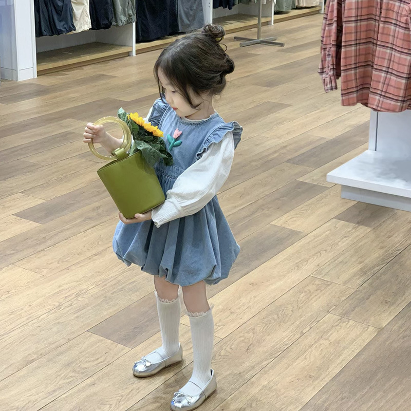 Dječja čipkasta bluza + denim suknja u lampion stilu, princes stil, pamukova smjesa, mekana tkanina, proljeće, uzrast 3–8 godina