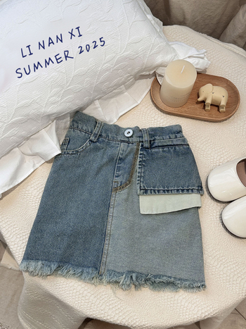 Mergaitėms džinsinės A linijos sijonas, Korejos versija, vientisas raštas, 85% medvilnė, 10% poliesteris, 5% viskozė