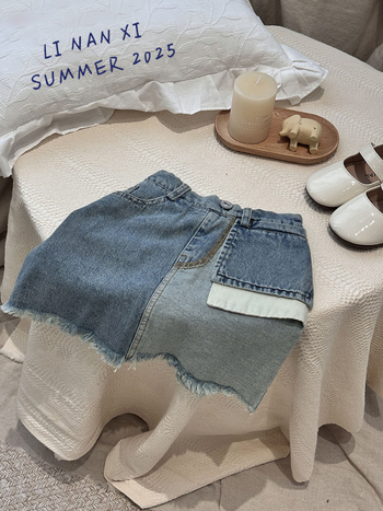 Mergaitėms džinsinės A linijos sijonas, Korejos versija, vientisas raštas, 85% medvilnė, 10% poliesteris, 5% viskozė