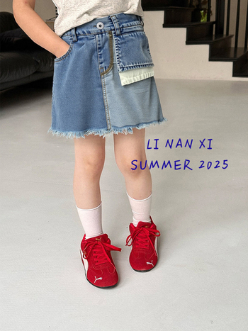 Mergaitėms džinsinės A linijos sijonas, Korejos versija, vientisas raštas, 85% medvilnė, 10% poliesteris, 5% viskozė