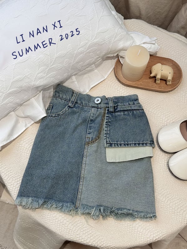 Mergaitėms džinsinės A linijos sijonas, Korejos versija, vientisas raštas, 85% medvilnė, 10% poliesteris, 5% viskozė