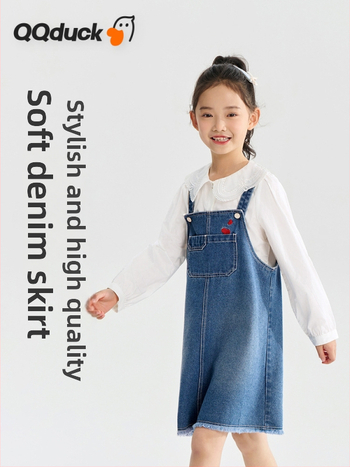 Mergaitėms džinsinis sijonas su petnešėlėmis - A linijos siluetas, medvilnės mišinio audinys, pavasaris 2025, vaikams 3–8 m