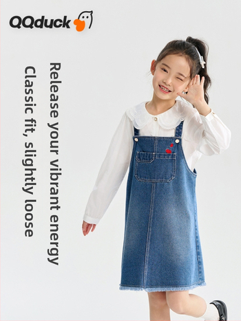 Mergaitėms džinsinis sijonas su petnešėlėmis - A linijos siluetas, medvilnės mišinio audinys, pavasaris 2025, vaikams 3–8 m