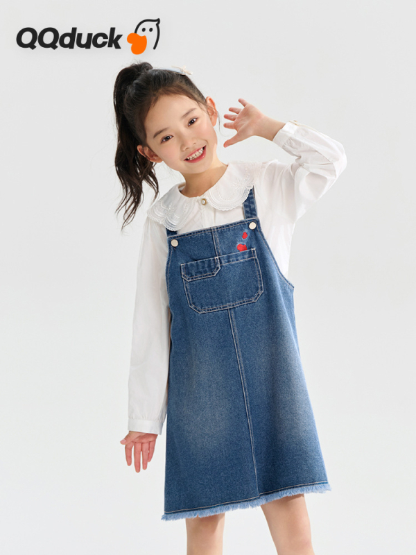 Mergaitėms džinsinis sijonas su petnešėlėmis - A linijos siluetas, medvilnės mišinio audinys, pavasaris 2025, vaikams 3–8 m