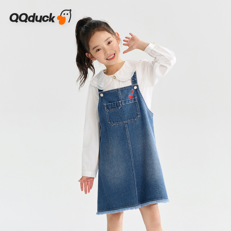 Mergaitėms džinsinis sijonas su petnešėlėmis - A linijos siluetas, medvilnės mišinio audinys, pavasaris 2025, vaikams 3–8 m