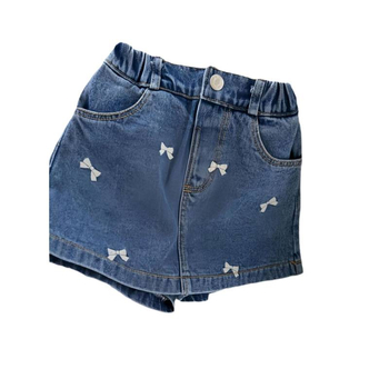 Mergaitėms skirta princesės stiliaus siuvinėta kaspinas, išplautas džinsinis sijonas su A linija ir klostėmis, medvilnės pamušalas, minkštas apdirbimas audiniui, vasara