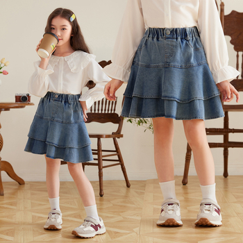 Mergaitei džinsinis sijonas, Korėjos stiliaus, fishtail siluetas, medvilninis audinys, pamušalas poliesteris