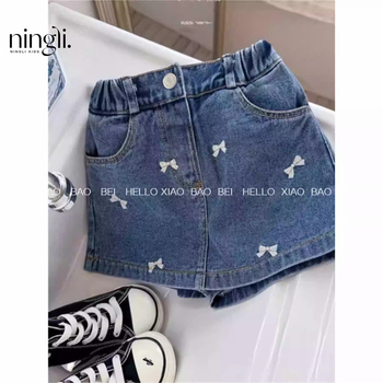 Mergaičių džinsų A linijos sijonas su kaspinėlio siuvinėjimu, 90% medvilnė, švelnus apdailos audinys, medvilnės pamušalas, 3–8 metų amžiaus, vasara 2025, Lemon