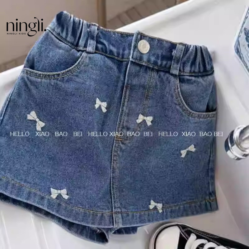 Mergaičių džinsų A linijos sijonas su kaspinėlio siuvinėjimu, 90% medvilnė, švelnus apdailos audinys, medvilnės pamušalas, 3–8 metų amžiaus, vasara 2025, Lemon