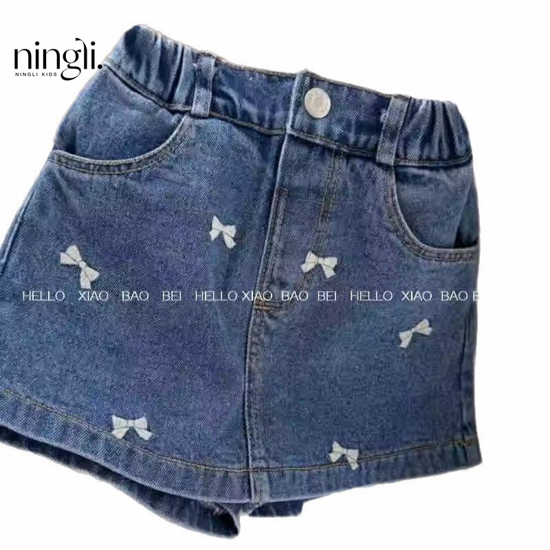 Mergaičių džinsų A linijos sijonas su kaspinėlio siuvinėjimu, 90% medvilnė, švelnus apdailos audinys, medvilnės pamušalas, 3–8 metų amžiaus, vasara 2025, Lemon