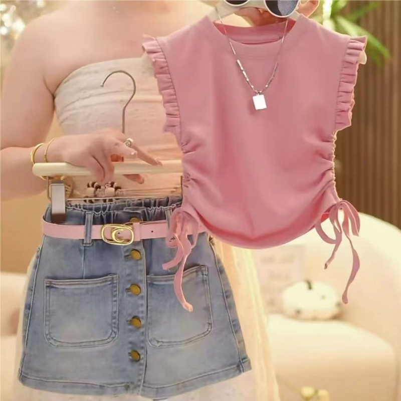 Dječji dvodijelni set: top s flutter rukavima i denim suknja, ljetni outfit, 90% pamuk