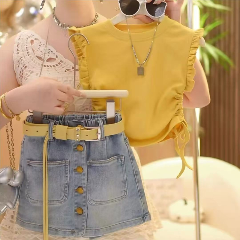Dječji dvodijelni set: top s flutter rukavima i denim suknja, ljetni outfit, 90% pamuk