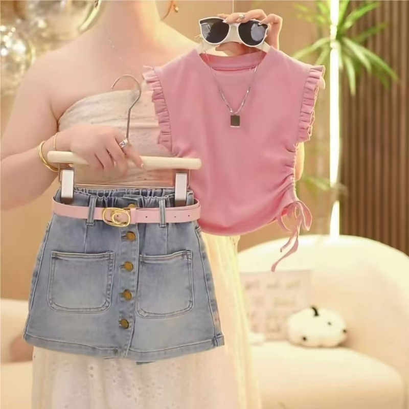 Dječji dvodijelni set: top s flutter rukavima i denim suknja, ljetni outfit, 90% pamuk