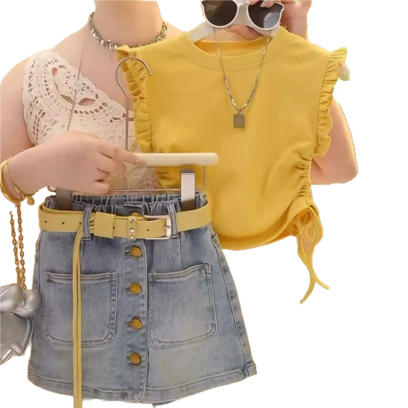 Dječji dvodijelni set: top s flutter rukavima i denim suknja, ljetni outfit, 90% pamuk