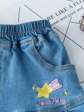 Mergaitėms skirta džinsinė A linijos sijonėlis su klostėmis, širdies siuvinėjimas, pamušalas iš medvilnės, 70–80% medvilnės, nuo 8 metų, pavasaris 2025