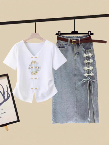 Kaheosaline lastekomplekt: ees nööpidega top ja helmestega džinsiline seelik, lühikesed varrukad, puuvill–polüesteri segu