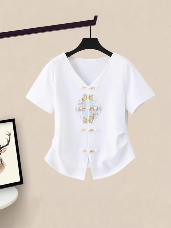 Kaheosaline lastekomplekt: ees nööpidega top ja helmestega džinsiline seelik, lühikesed varrukad, puuvill–polüesteri segu