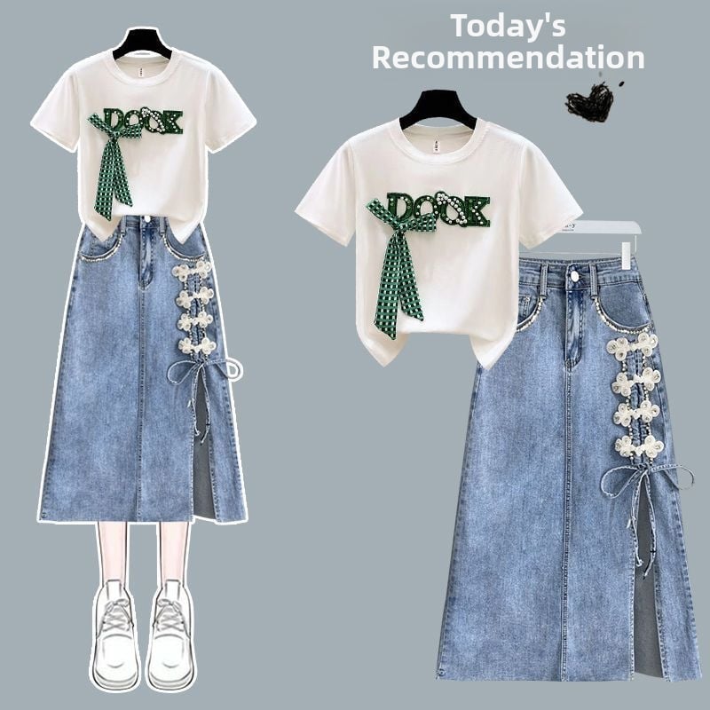 Kaheosaline lastekomplekt: ees nööpidega top ja helmestega džinsiline seelik, lühikesed varrukad, puuvill–polüesteri segu