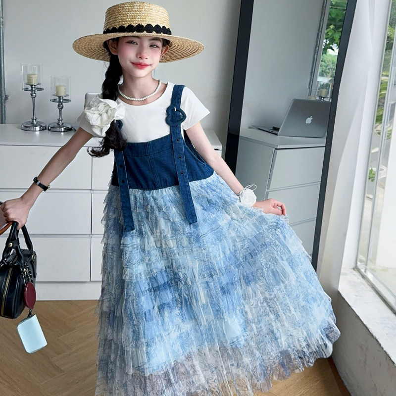 Dječja haljina - korejski stil, kratke rukave, tie-dye mreža, slojevita torta haljina, A-linijska silueta; glavni materijal 95% pamuk, podstava 89% pamuk; za djevojčice iznad 8 godina (140 cm+), ljeto 2025