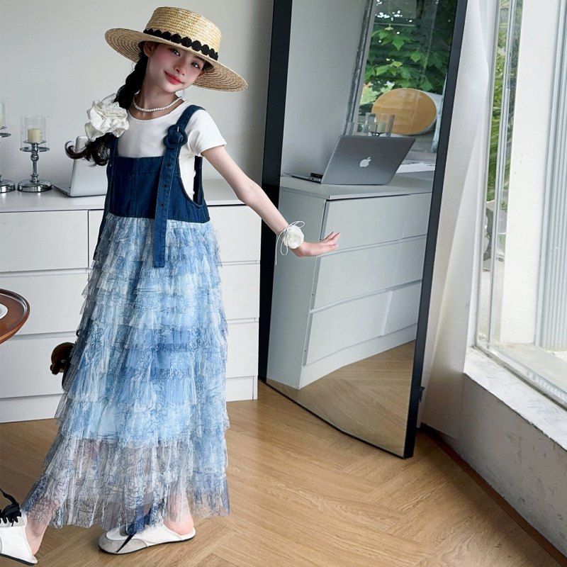 Dječja haljina - korejski stil, kratke rukave, tie-dye mreža, slojevita torta haljina, A-linijska silueta; glavni materijal 95% pamuk, podstava 89% pamuk; za djevojčice iznad 8 godina (140 cm+), ljeto 2025