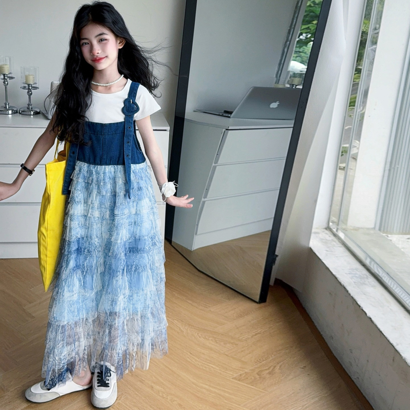 Dječja haljina - korejski stil, kratke rukave, tie-dye mreža, slojevita torta haljina, A-linijska silueta; glavni materijal 95% pamuk, podstava 89% pamuk; za djevojčice iznad 8 godina (140 cm+), ljeto 2025