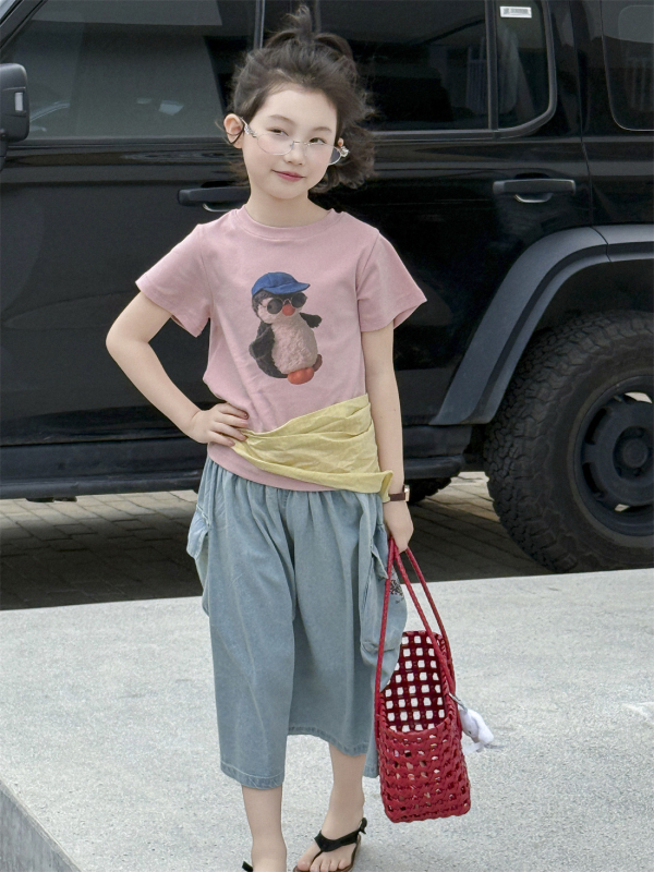 Vaikiškas džinsinis A linijos sijonas mergaitėms, vasara 2025, 90% medvilnė, netolygus apdaila, švelni apdaila, tikros modelių nuotraukos, mergaitėms nuo 8 metų