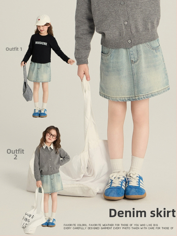 Mergaitėms džinsinis A linijos sijonas, Korėjos stiliaus, 88% medvilnė, 9% poliesteris, 3% viskozė, nylono pamušalas, amžius 3–8 metai