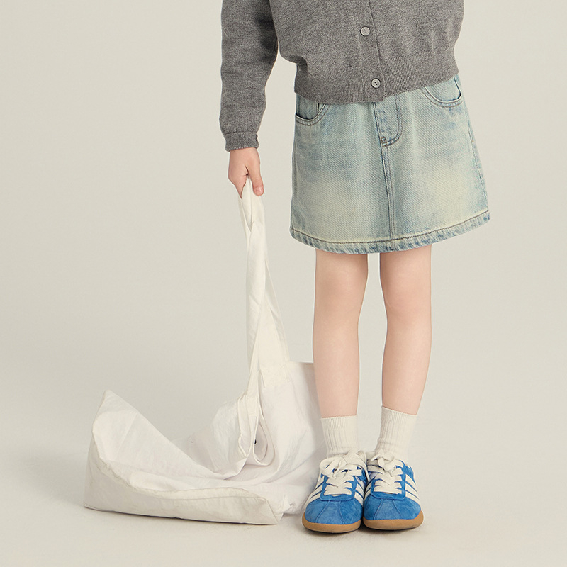 Mergaitėms džinsinis A linijos sijonas, Korėjos stiliaus, 88% medvilnė, 9% poliesteris, 3% viskozė, nylono pamušalas, amžius 3–8 metai