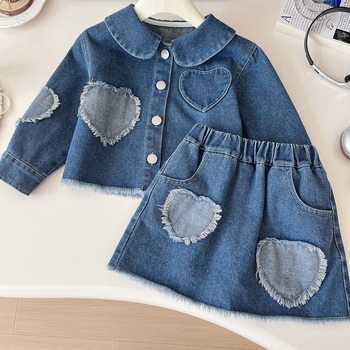 Dječji džins set: jakna i suknja s patchwork srcem, dugi rukavi, proljeće–jesen, tkanina od pamuk smjese