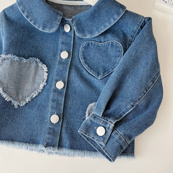 Dječji džins set: jakna i suknja s patchwork srcem, dugi rukavi, proljeće–jesen, tkanina od pamuk smjese