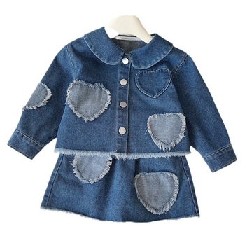 Dječji džins set: jakna i suknja s patchwork srcem, dugi rukavi, proljeće–jesen, tkanina od pamuk smjese