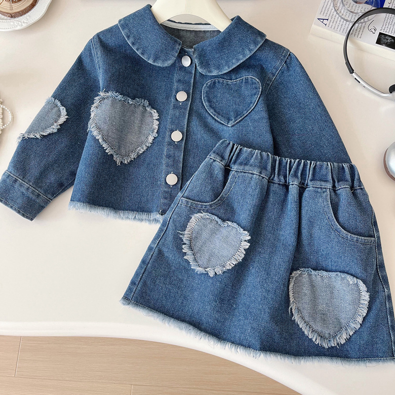 Dječji džins set: jakna i suknja s patchwork srcem, dugi rukavi, proljeće–jesen, tkanina od pamuk smjese