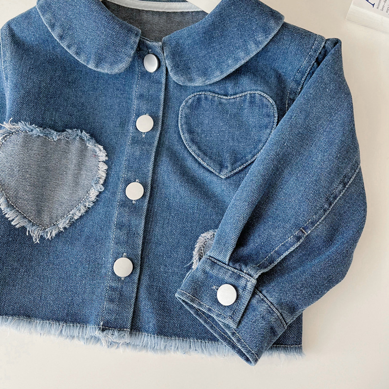Dječji džins set: jakna i suknja s patchwork srcem, dugi rukavi, proljeće–jesen, tkanina od pamuk smjese