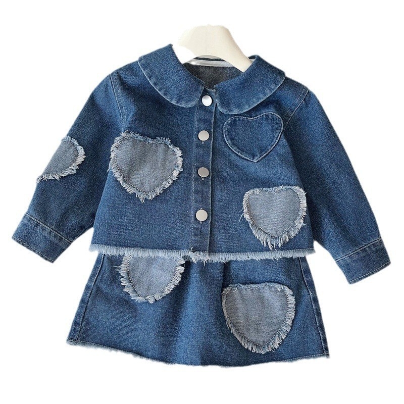 Dječji džins set: jakna i suknja s patchwork srcem, dugi rukavi, proljeće–jesen, tkanina od pamuk smjese