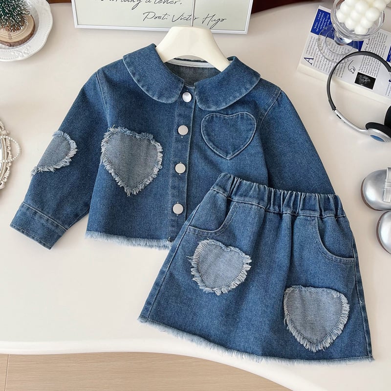 Dječji džins set: jakna i suknja s patchwork srcem, dugi rukavi, proljeće–jesen, tkanina od pamuk smjese