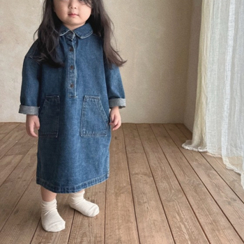 Unisex vaikų džinsinė A‑linijos suknelė su apykakle, 95% medvilnė, ruduo 2025