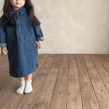 Unisex vaikų džinsinė A‑linijos suknelė su apykakle, 95% medvilnė, ruduo 2025