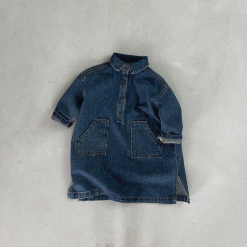 Unisex vaikų džinsinė A‑linijos suknelė su apykakle, 95% medvilnė, ruduo 2025