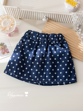 Mergaitėms džinsinis sijonėlis su taškuotu raštu ir siuvinėjimu, 80% medvilnė, 3–8 metų amžiaus, pavasaris–vasara 2025