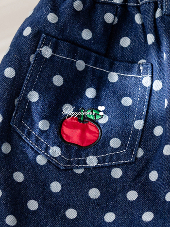 Mergaitėms džinsinis sijonėlis su taškuotu raštu ir siuvinėjimu, 80% medvilnė, 3–8 metų amžiaus, pavasaris–vasara 2025