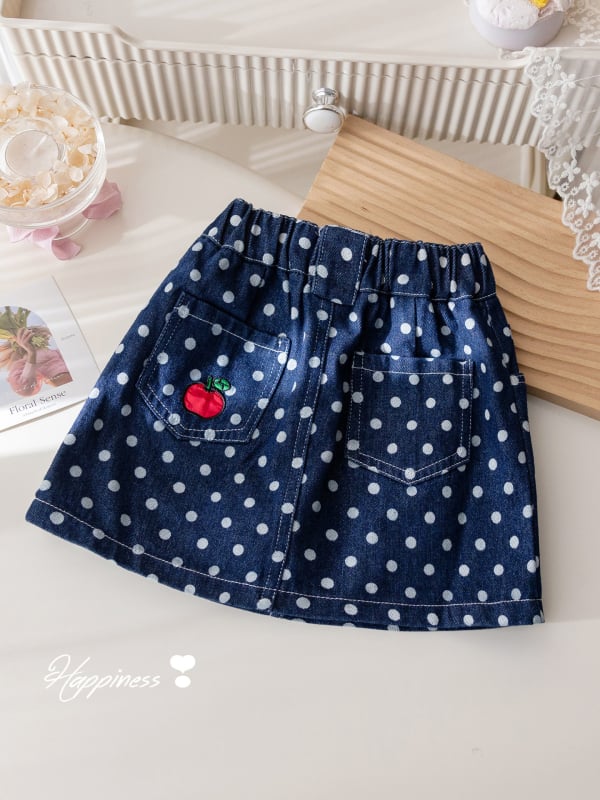 Mergaitėms džinsinis sijonėlis su taškuotu raštu ir siuvinėjimu, 80% medvilnė, 3–8 metų amžiaus, pavasaris–vasara 2025