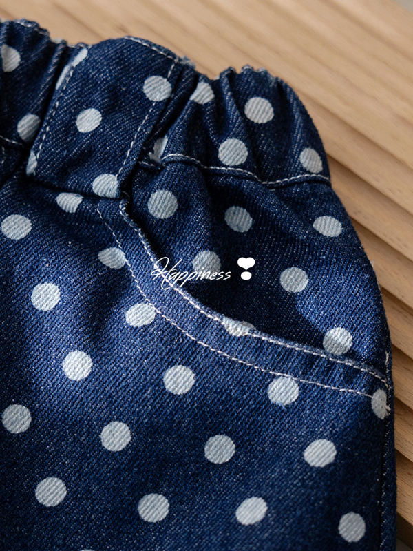 Mergaitėms džinsinis sijonėlis su taškuotu raštu ir siuvinėjimu, 80% medvilnė, 3–8 metų amžiaus, pavasaris–vasara 2025