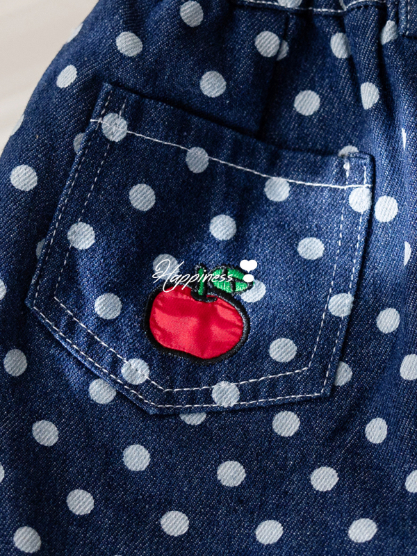 Mergaitėms džinsinis sijonėlis su taškuotu raštu ir siuvinėjimu, 80% medvilnė, 3–8 metų amžiaus, pavasaris–vasara 2025