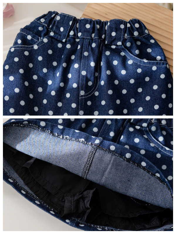 Mergaitėms džinsinis sijonėlis su taškuotu raštu ir siuvinėjimu, 80% medvilnė, 3–8 metų amžiaus, pavasaris–vasara 2025