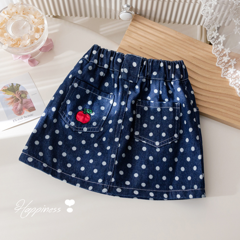 Mergaitėms džinsinis sijonėlis su taškuotu raštu ir siuvinėjimu, 80% medvilnė, 3–8 metų amžiaus, pavasaris–vasara 2025